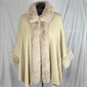 Crosstree Lane Beige Sweater Poncho with Faux Fur Lined Collar and Sleeves OS